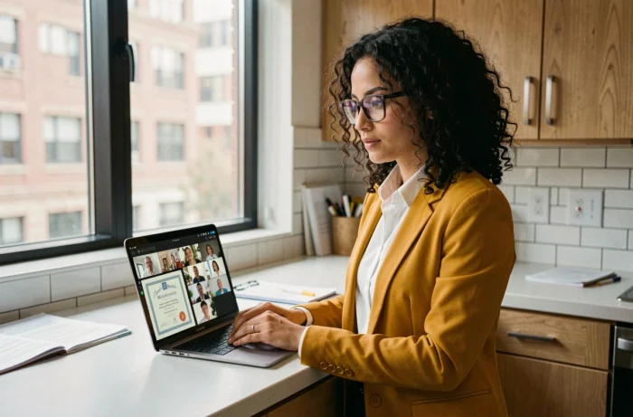 Jeune professionnelle participant à une visioconférence de formation en ligne et obtenant une certification numérique depuis son appartement
