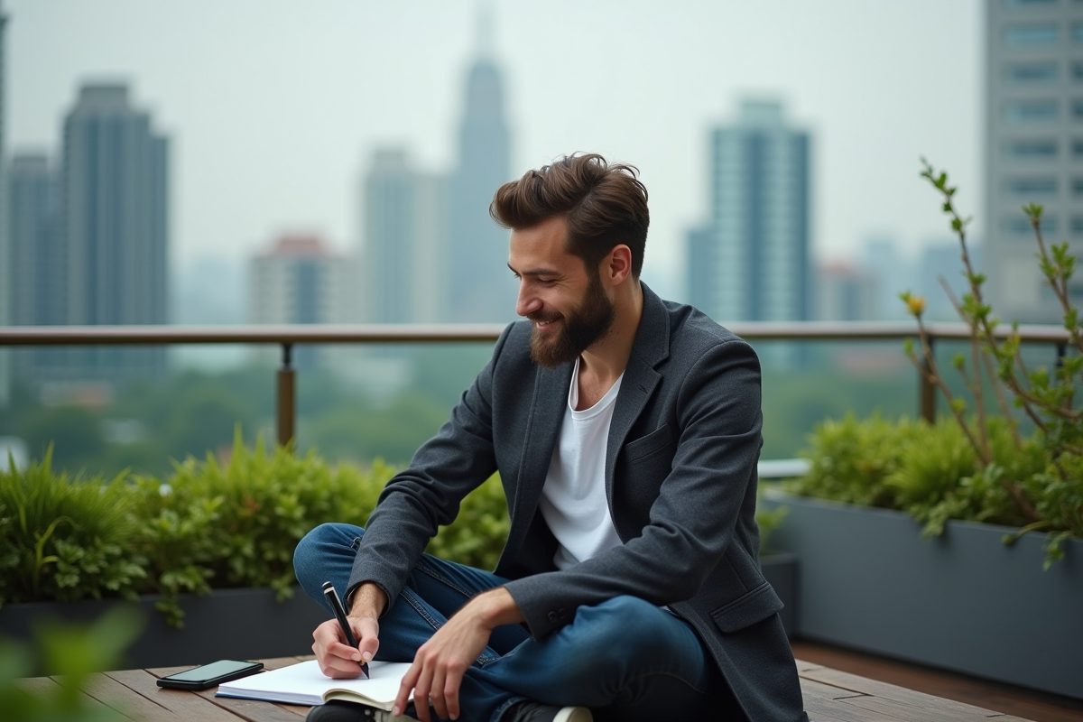 Jeune entrepreneur en rooftop sketchant ses idées dans un espace urbain