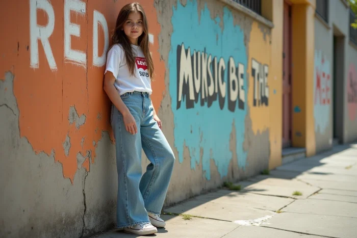 Adolescente en jean large Levi's 501 stonewash et tee-shirt vintage devant un mur de street art coloré