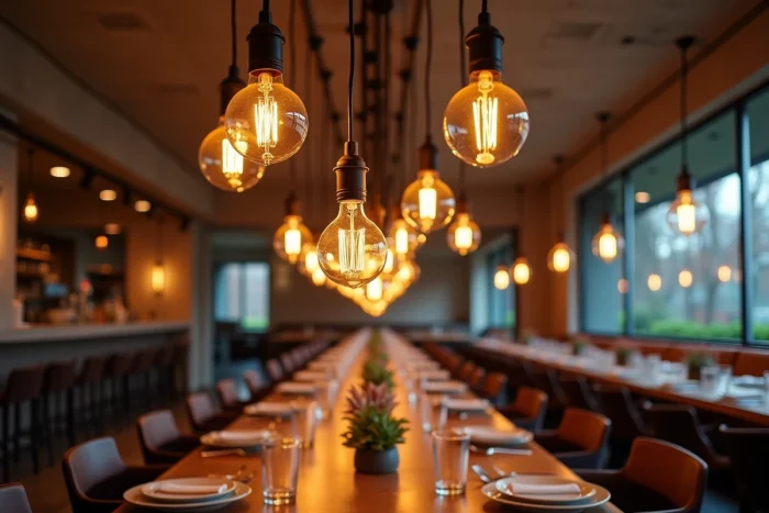 Luminaires suspendus à des hauteurs décalées au-dessus d'une table de salle à manger, créant une composition visuelle rythmée et une atmosphère chaleureuse