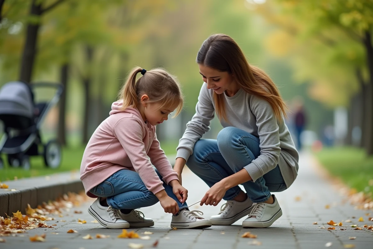 Maman aidant sa fille à lacer ses chaussures dans un parc