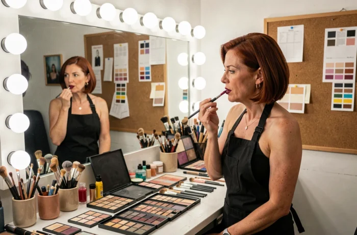 Maquilleuse professionnelle appliquant un rouge à lèvres tendance en coulisses lors d'un défilé beauté