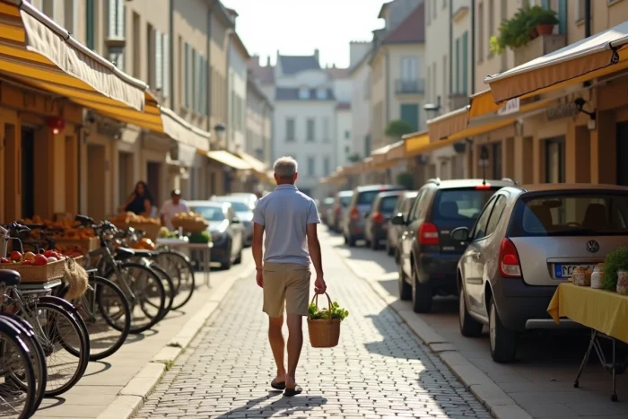 Rue animée du marché à Fort Mahon plage avec vélos et voitures garées le long des commerces