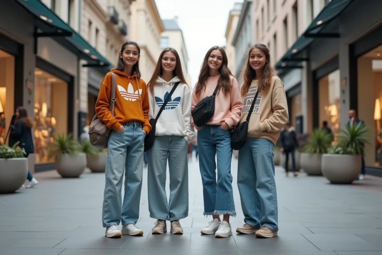 Groupe de quatre adolescents à la mode dans une rue commerçante urbaine portant diverses marques tendance en 2024