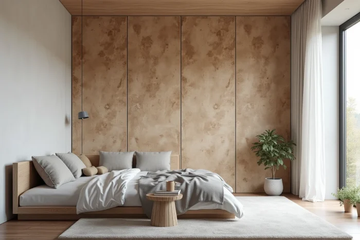 Mur d'accent en panneaux de fibres de bois laissées brutes dans une chambre contemporaine, contrastant avec des murs blancs et un mobilier scandinave épuré