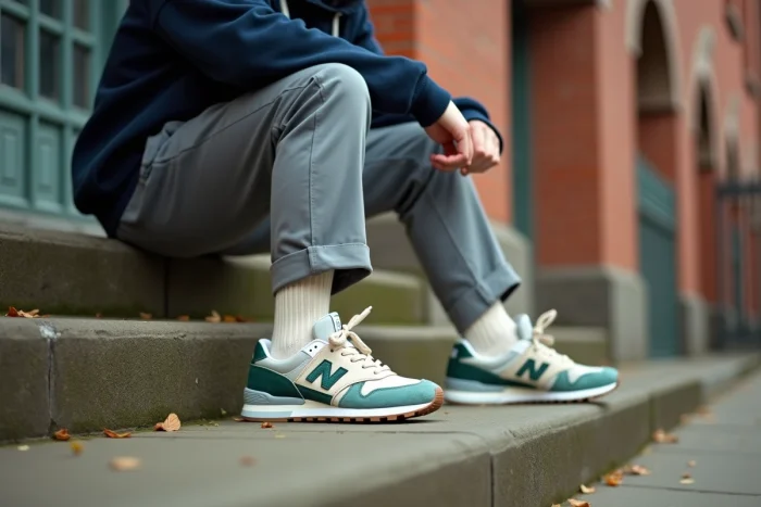 Adolescent portant des New Balance 550 blanc et vert avec un chino gris et un pull marine assis sur des marches en béton