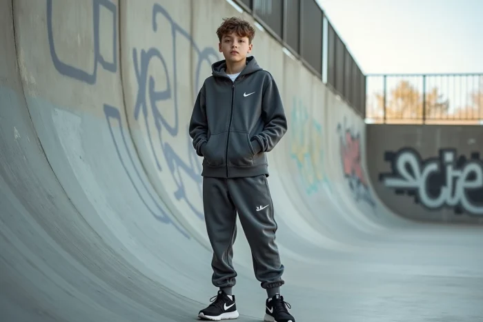 Adolescent portant une tenue Nike Tech Fleece et des Air Max dans un skatepark urbain en béton