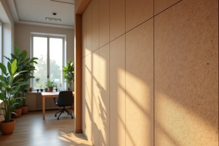 Panneaux de liège expansé posés en revêtement mural décoratif dans un bureau contemporain, avec texture naturelle dorée et grain fin visible