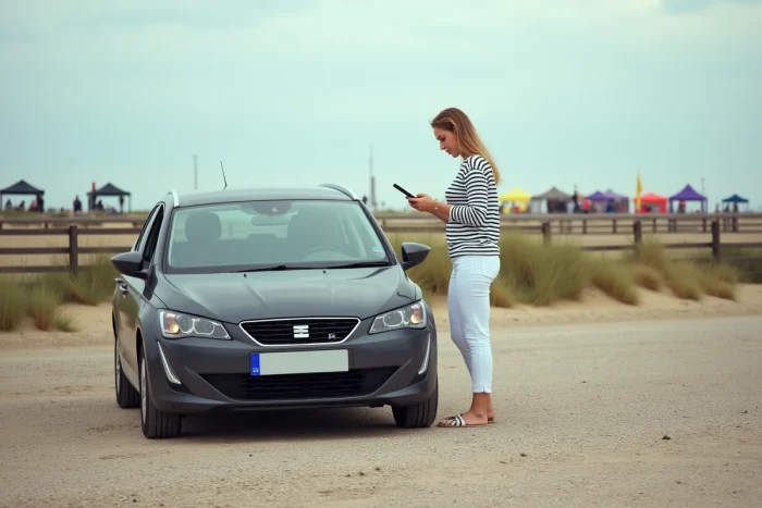 Femme garant sa voiture dans un parking de sable près du marché de Fort Mahon plage