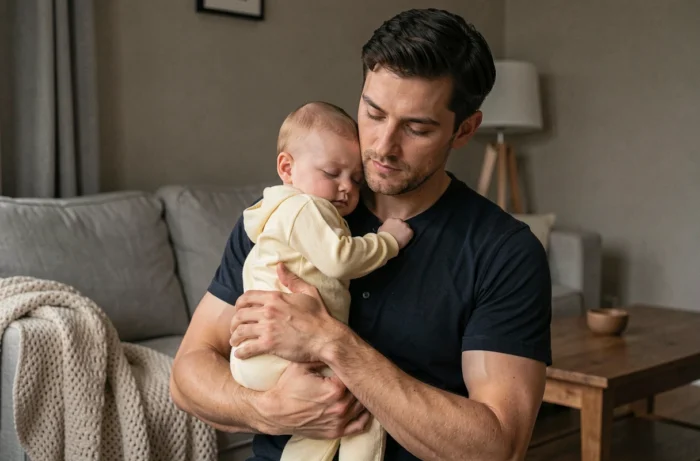 Père tenant son bébé endormi après le bain dans ses bras dans un salon familial, nourrisson en pyjama jaune pâle