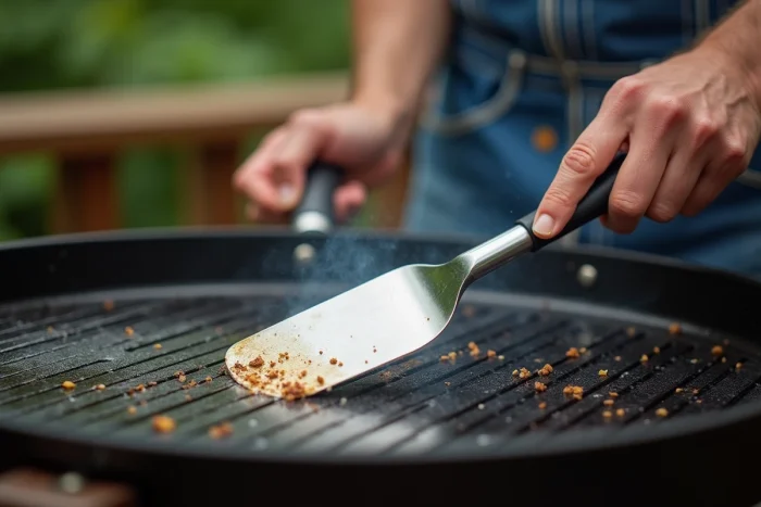 Mains raclant une plancha en fonte émaillée chaude avec une spatule en inox à bord arrondi
