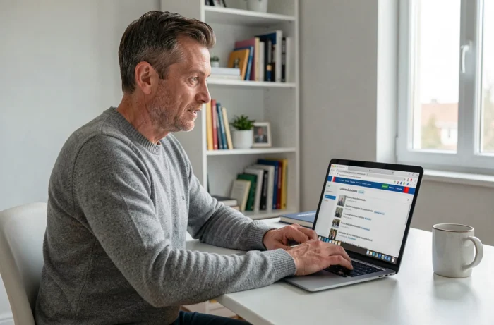 Homme recherchant la liste des mariages par commune sur un site gouvernemental français depuis son bureau à domicile