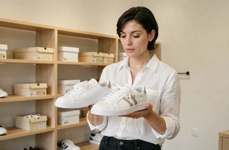 Femme comparant deux paires de sneakers pour identifier une contrefaçon dans une boutique moderne