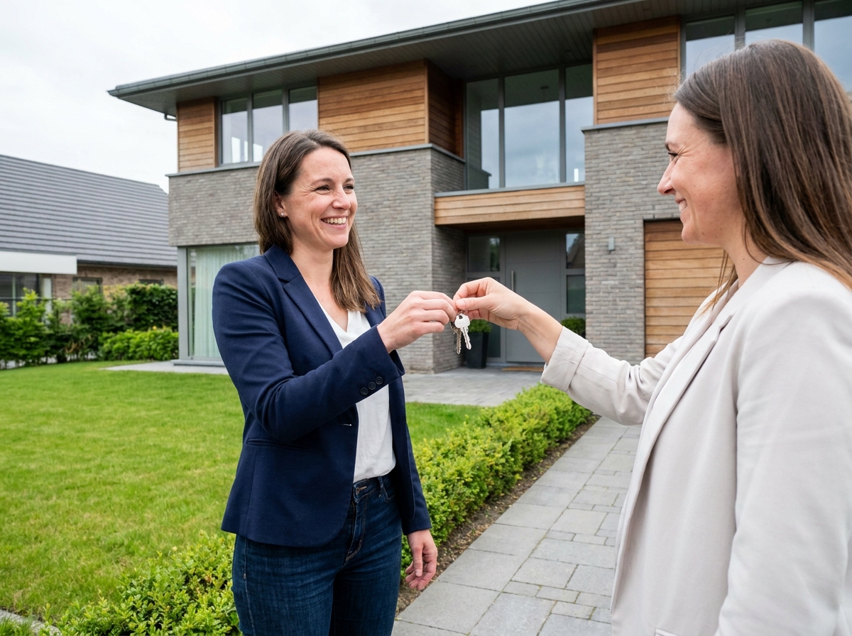 Femme recevant des clés devant une maison moderne