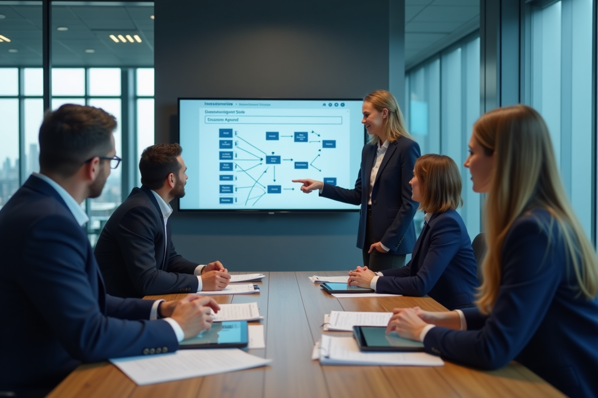 Femme professionnelle en réunion avec diagrammes et tablettes