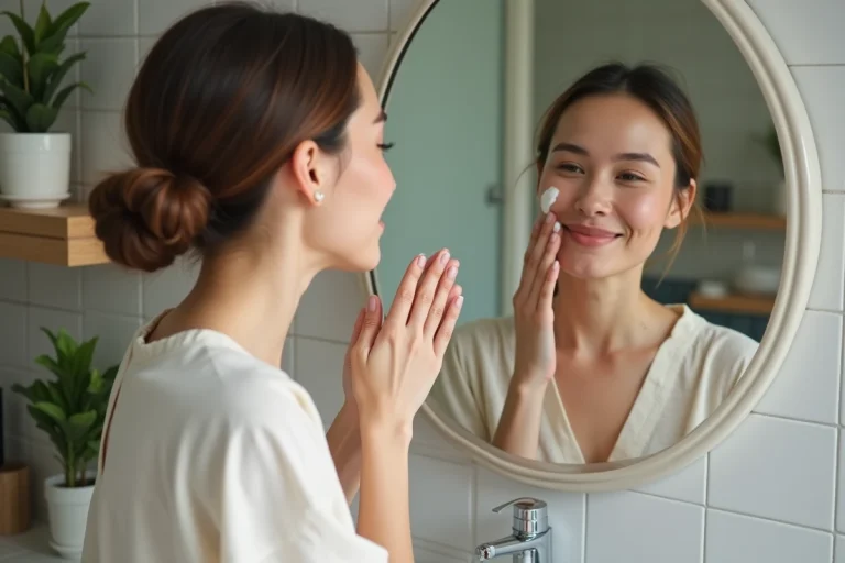 Femme appliquant une creme visage dans sa salle de bain
