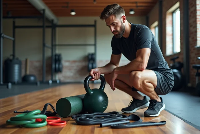 Sportif comparant différents équipements de fitness sur le sol d'une salle de sport moderne
