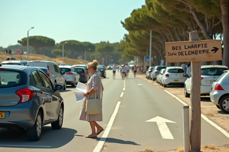 Parking de plage à Fort Mahon avec panneaux de direction vers le marché et voitures garées sur asphalte