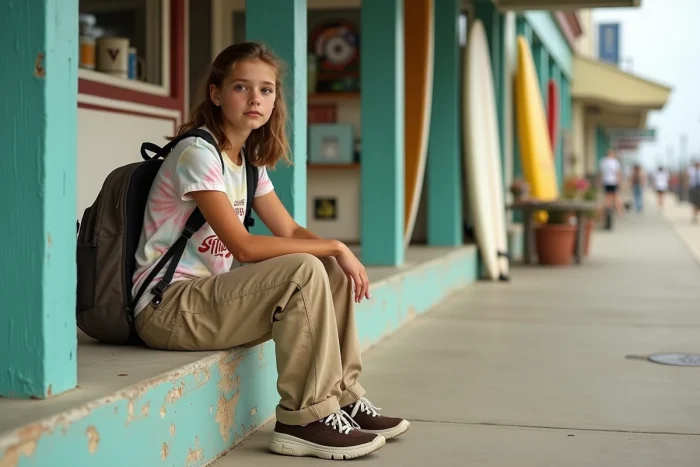 Adolescente en tenue Stüssy graphique et cargo pants devant une boutique de surf style côte ouest