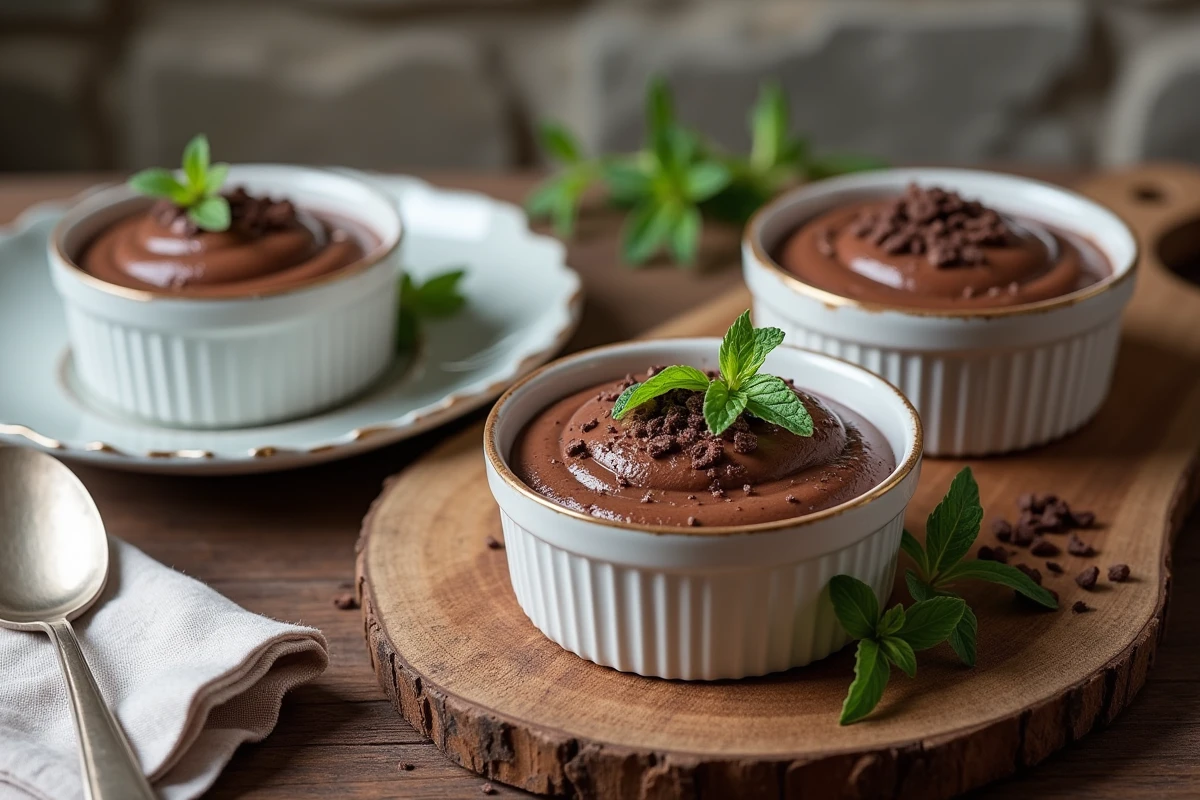 Gourmets dégustant des mousses au chocolat sur un plateau en bois rustique