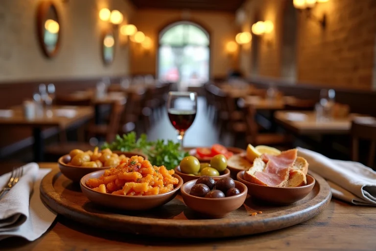 Assortiment de tapas espagnoles traditionnelles servis dans un restaurant rustique de Dancharia, avec jamón ibérico, patatas bravas et vin rouge Rioja