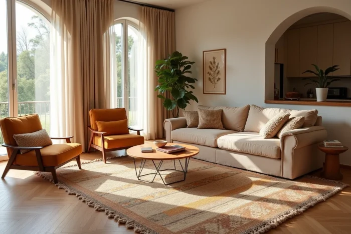 Tapis superposés dans un grand salon pour structurer les zones, avec un kilim marocain posé sur un grand tapis en jute naturel
