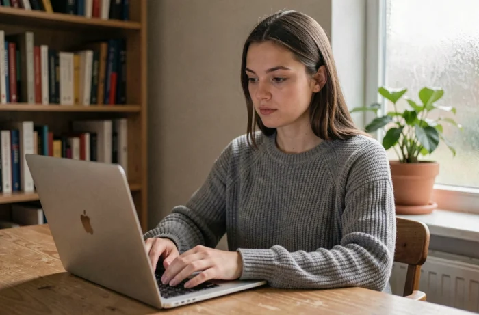 Jeune femme utilisant un tchat anonyme sur son ordinateur portable depuis un bureau à domicile