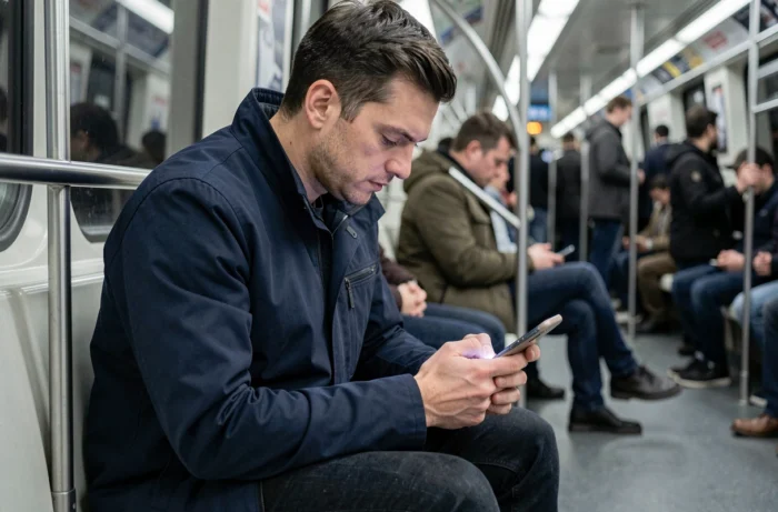 Homme consultant une application de tchat anonyme sur smartphone dans les transports en commun