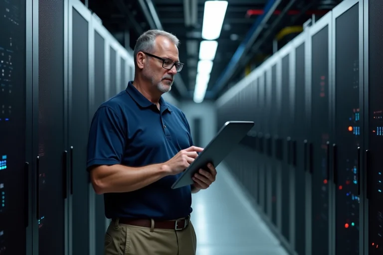 Technicien en centre de données avec racks modernes et indicateurs lumineux