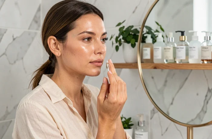 Femme appliquant un sérum de soin sur son visage dans une salle de bain tendance aux tons naturels