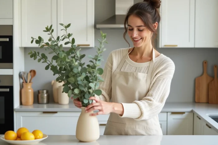 Femme arrangeant des branches d'eucalyptus dans un vase en céramique sur un comptoir de cuisine moderne au style scandinave