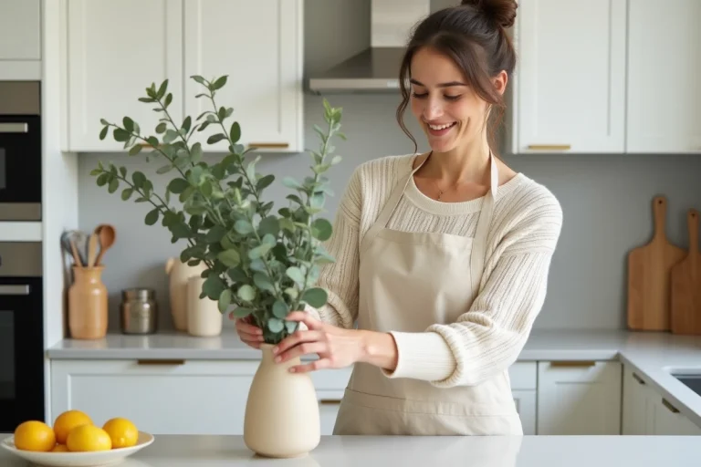Femme arrangeant des branches d'eucalyptus dans un vase en céramique sur un comptoir de cuisine moderne au style scandinave