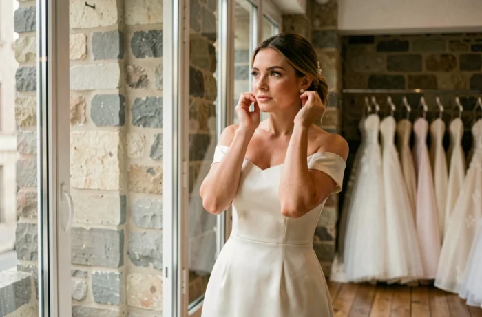 Mariée en robe de mariée minimaliste en soie dans un atelier de mariage parisien, ajustant ses boucles d'oreilles en perles
