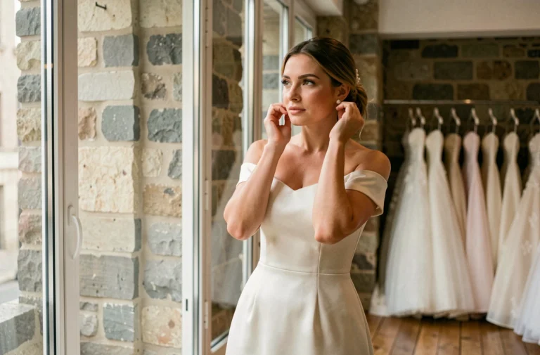 Mariée en robe de mariée minimaliste en soie dans un atelier de mariage parisien, ajustant ses boucles d'oreilles en perles