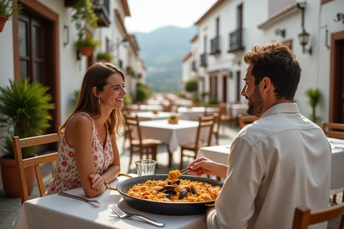 Couple dégustant une paella aux fruits de mer en terrasse d'un restaurant espagnol à Dancharia avec vue sur les collines pyrénéennes