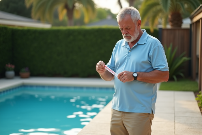 Homme testant la qualité de l'eau de la piscine avec une bandelette