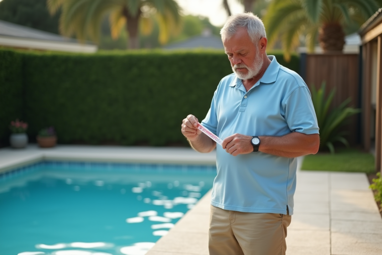 Homme testant la qualité de l'eau de la piscine avec une bandelette