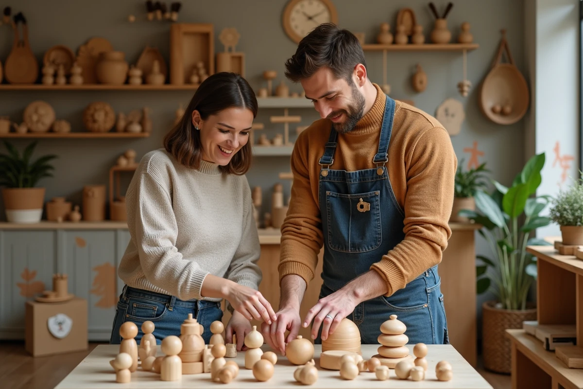 Deux vendeurs arrangeant des jouets en bois dans la boutique