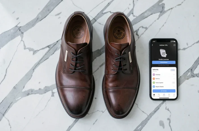 Vue de dessus de chaussures Oxford en cuir avec étiquette d'authenticité et application de vérification sur smartphone