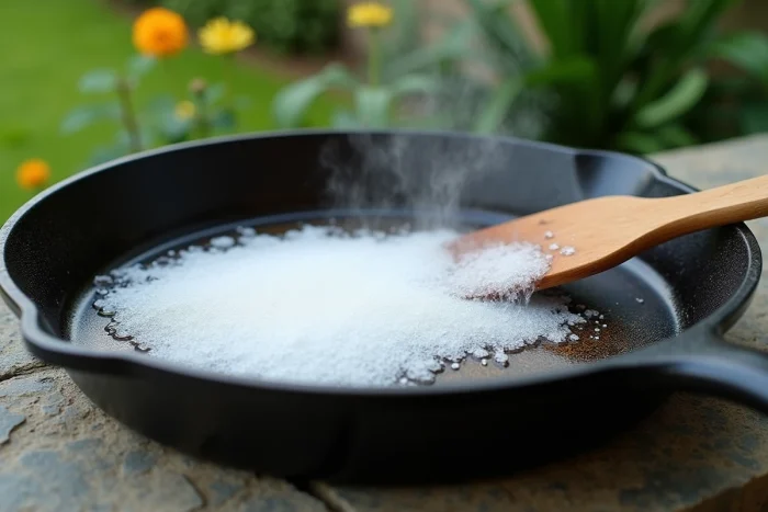 Réaction effervescente entre vinaigre blanc et bicarbonate de soude sur une plancha très encrassée