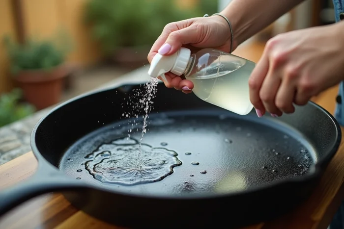Application de vinaigre blanc dilué au spray sur une plancha en fonte émaillée pour dissoudre les graisses