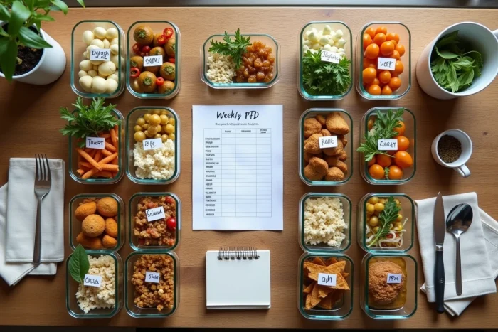 Vue aérienne de repas batch cooking dans des contenants en verre avec un guide PDF de planification de menus sur une table en bois