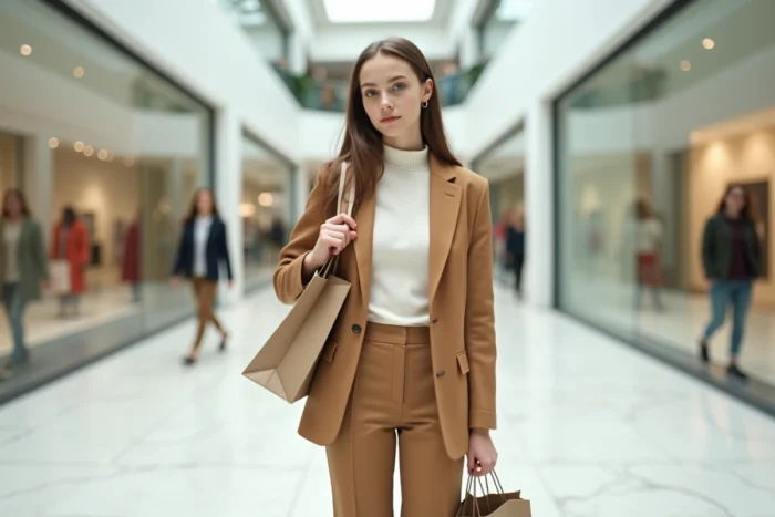 Adolescente habillée en Zara avec blazer camel, top blanc et pantalon droit dans un centre commercial moderne